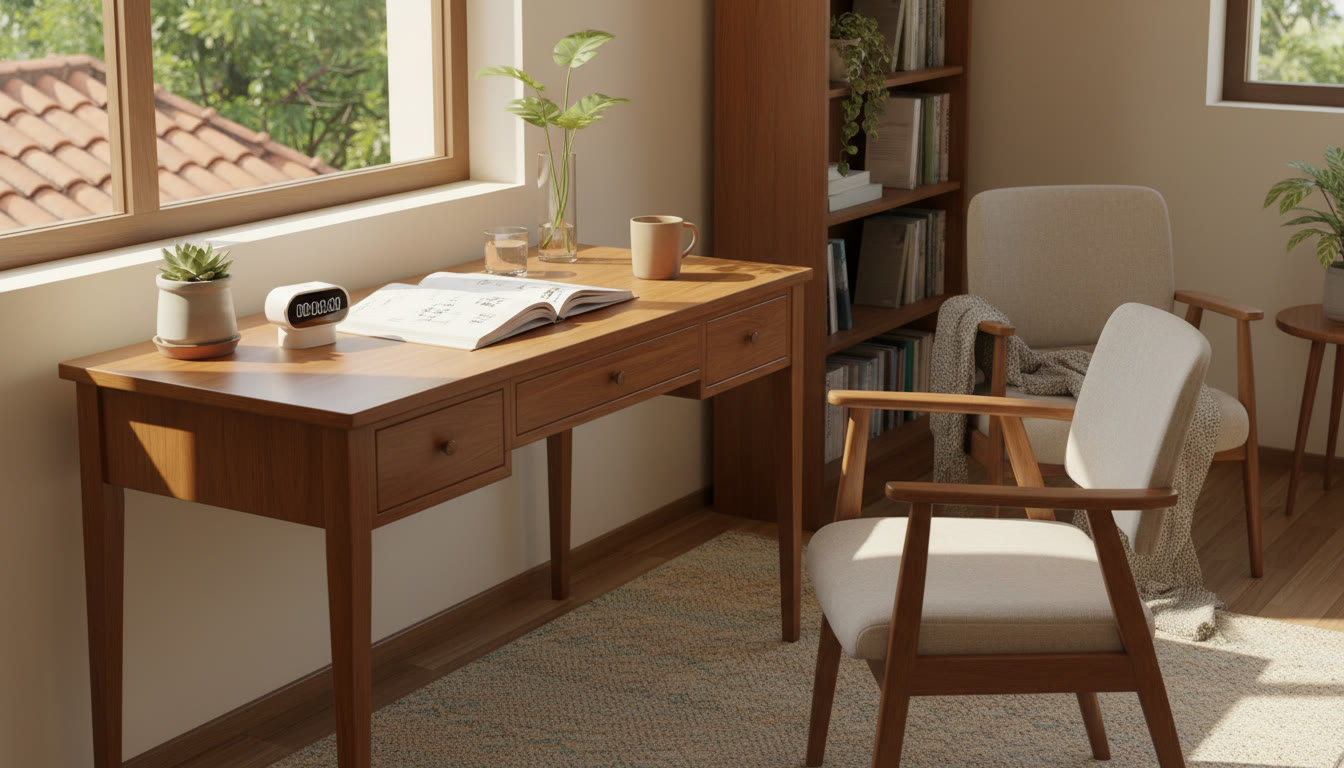 Photo Idea : Student at a tidy study desk with NEET notebook, timer, and natural daylight