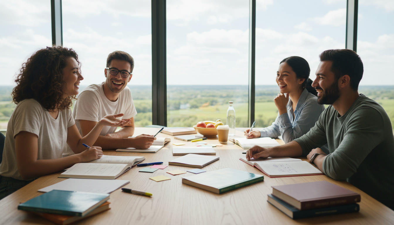 Photo Idea : Small group around a table in active discussion, language materials visible