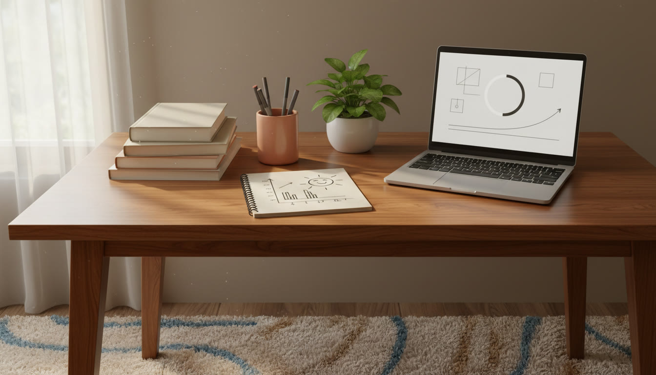 Photo Idea : A tidy study desk with a notepad labeled 