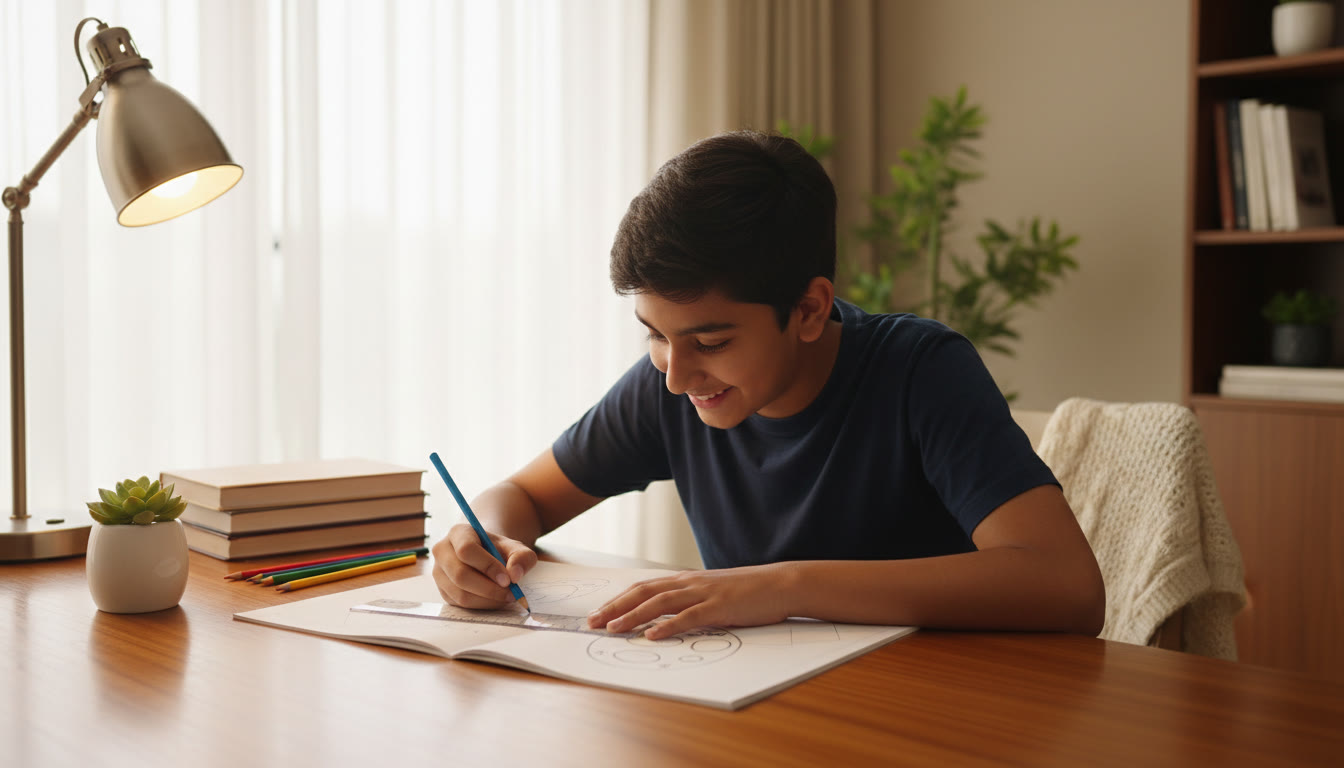 Photo Idea : A student drawing and labeling a diagram carefully with a ruler and colored pencils