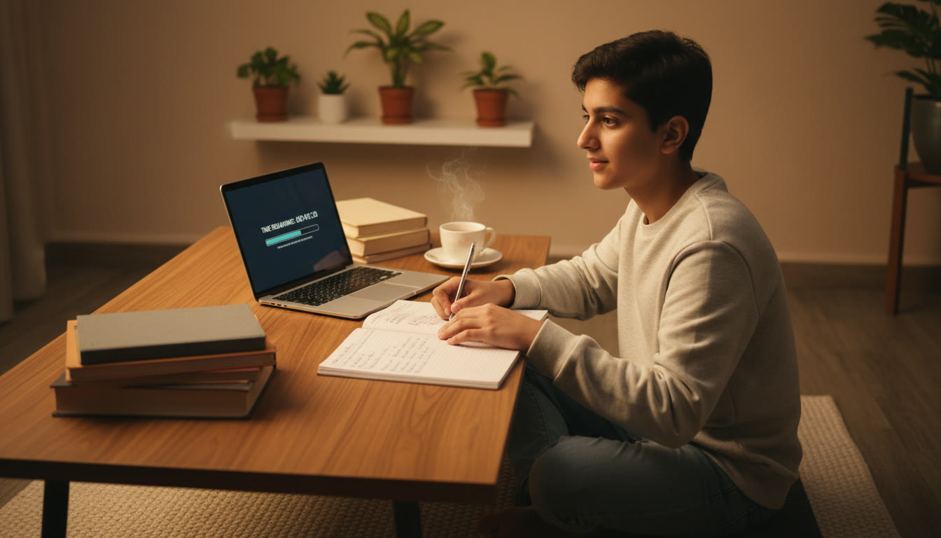 Photo Idea : Focused student at a desk with open notebooks, laptop displaying a mock-test timer, and a cup of tea.