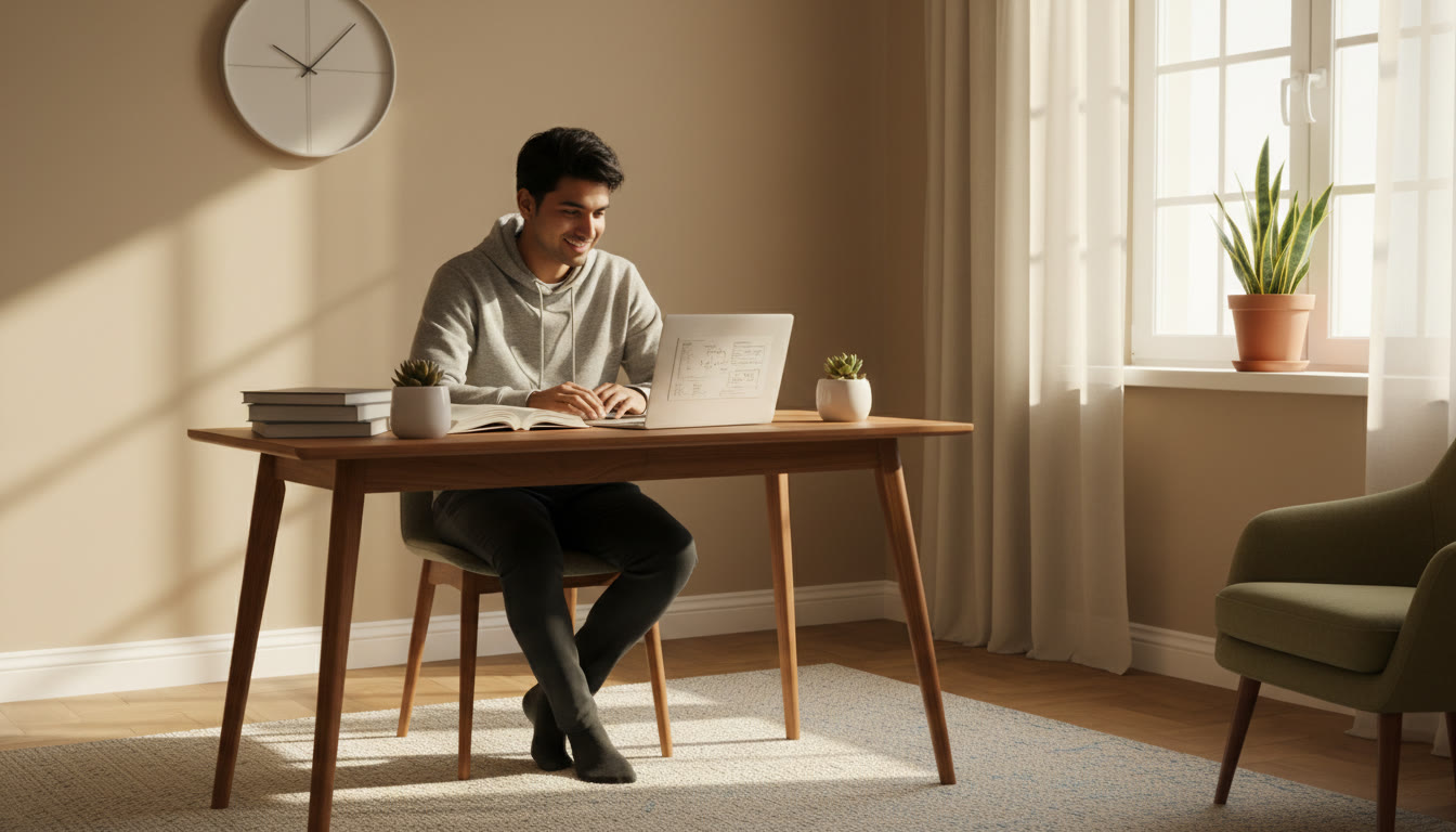 Photo Idea : A focused student at a tidy desk with a clock showing study time, light streaming through a window