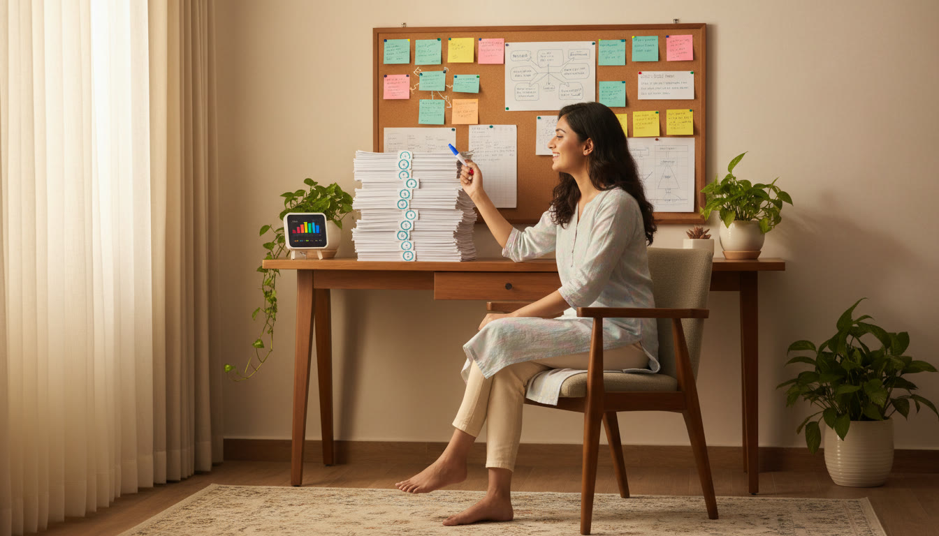 Photo Idea : a student comparing colorful board notes and a stack of timed NEET practice papers at a desk