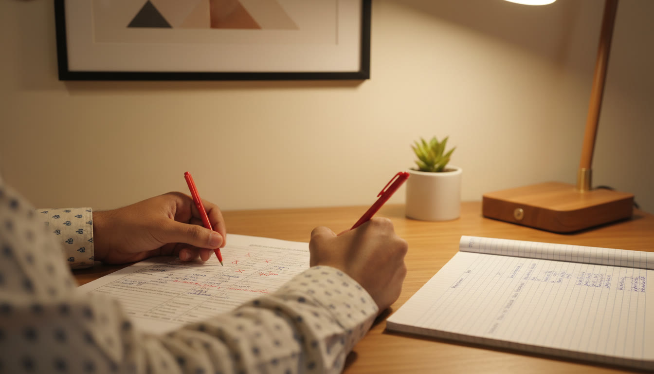 Photo Idea : Close-up of a student marking a mock paper with a red pen and a neat error log beside it.
