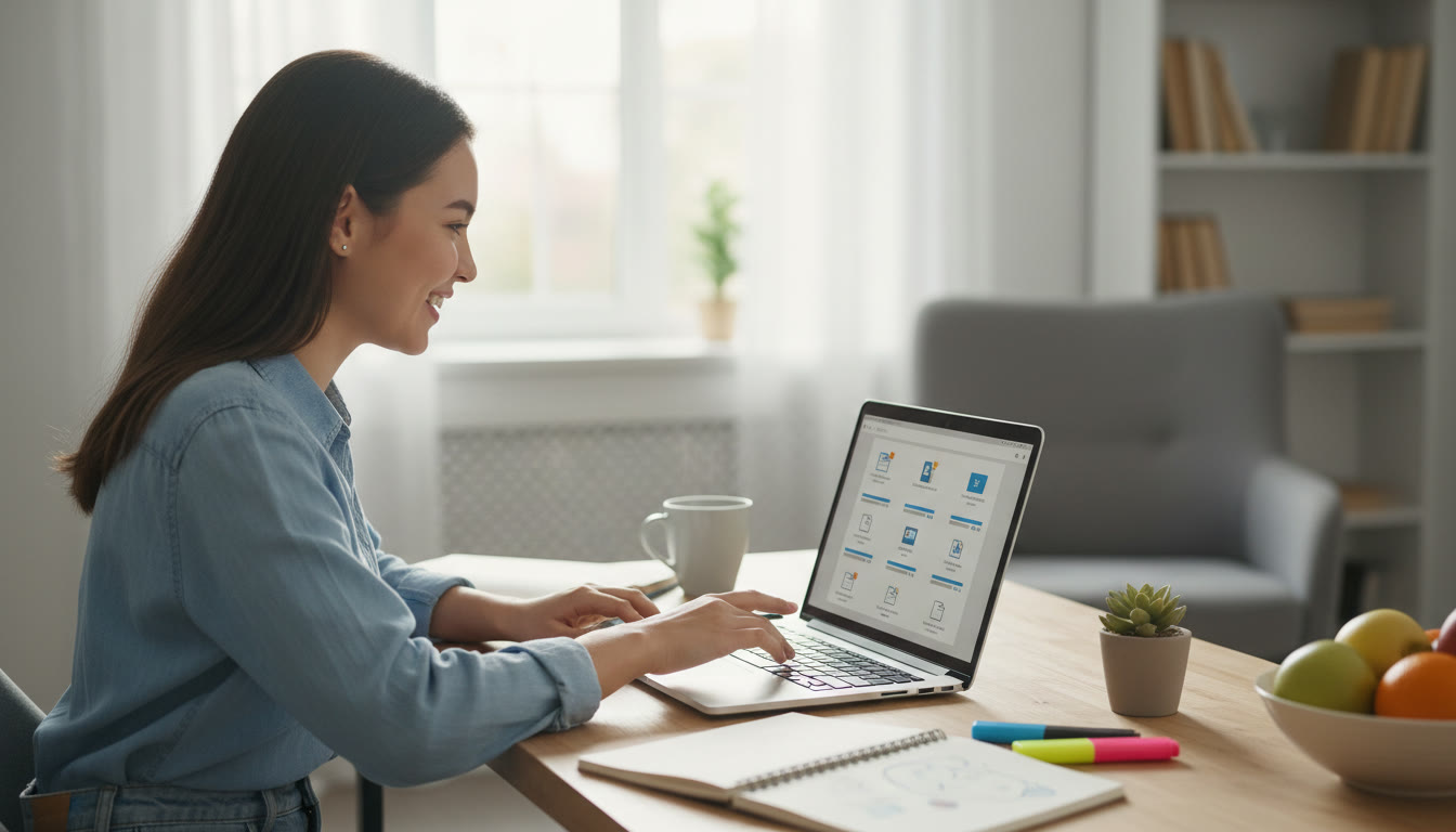 Photo Idea : Student at a laptop verifying uploads on a bright study desk