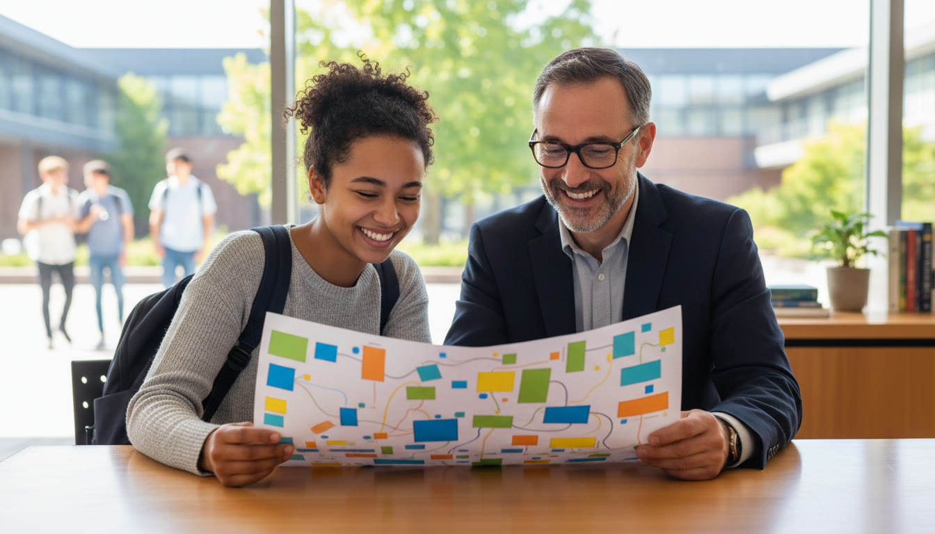Photo Idea : A student meeting with a counsellor, both smiling and reviewing a colourful plan on paper