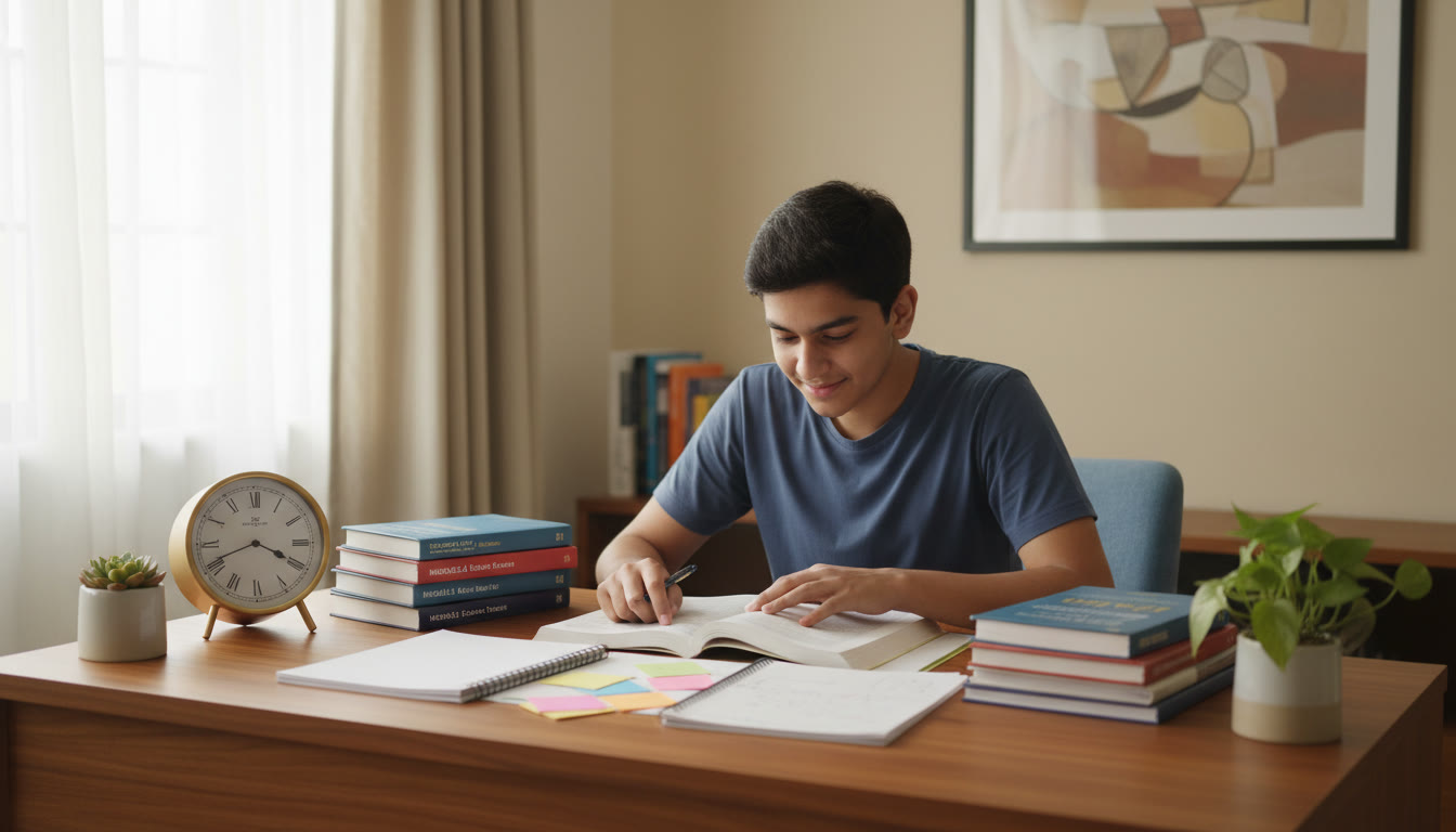 Photo Idea : A focused student at a tidy desk with NEET books, notes, and a visible clock