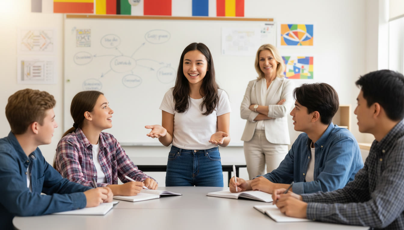 Photo Idea : A student leading a small group discussion in a classroom, with a parent observing supportively nearby