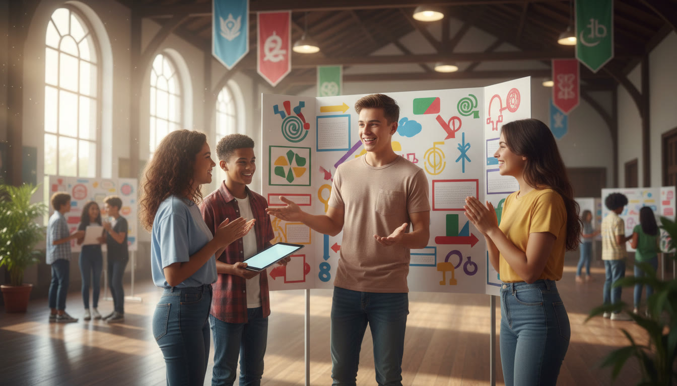 Photo Idea : Student presenting a colorful project poster to classmates in a school hall