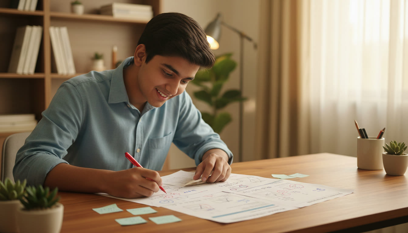Photo Idea : A student analyzing a mock test printout with a colored pen, marking errors and writing notes