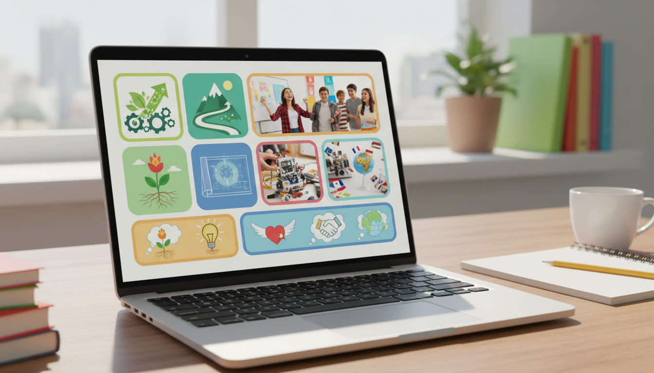 Photo Idea : A table-like layout on a laptop screen showing project milestones, photos, and short reflection snippets