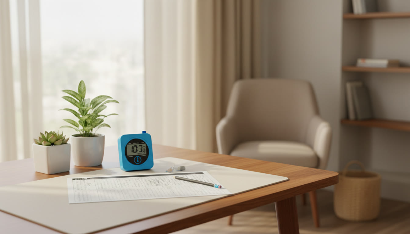 Photo Idea : Timed mock-test setup with stopwatch, OMR sheet, pencil, and a quiet desk
