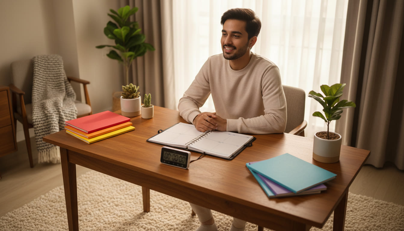 Photo Idea : Student at a neatly organized study desk with an open planner, a timer, and subject notebooks arranged by color