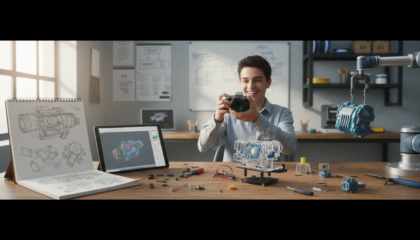 Photo Idea : A student photographing prototype stages, from sketch to 3D-printed component, on a workshop table