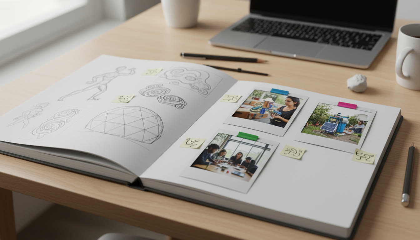Photo Idea : Close-up of a portfolio spread showing sketches, prototype photos, and short handwritten notes