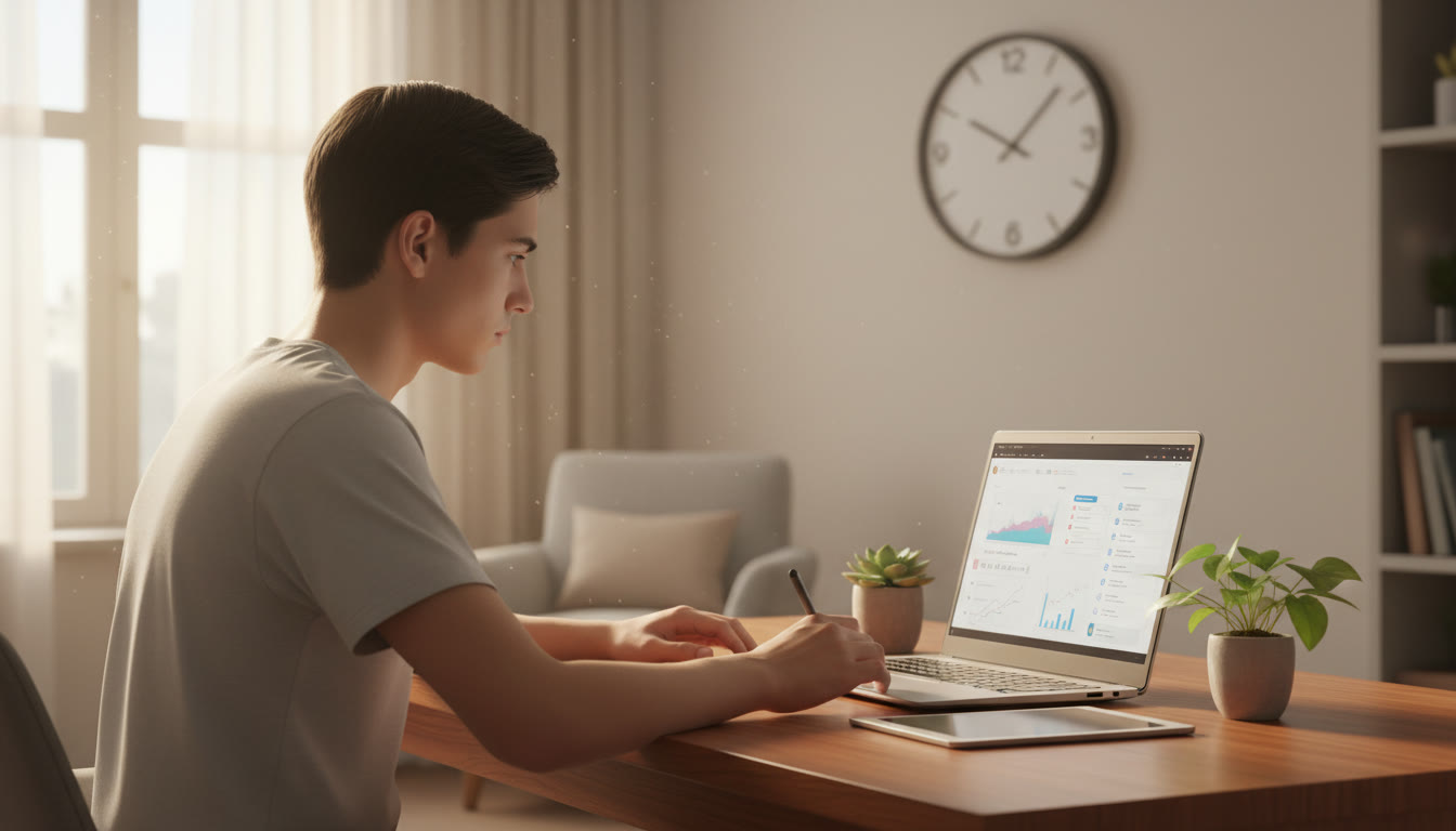 Photo Idea : A focused student sitting at a desk taking a timed full-length online mock test on a laptop, with a wall clock in view.