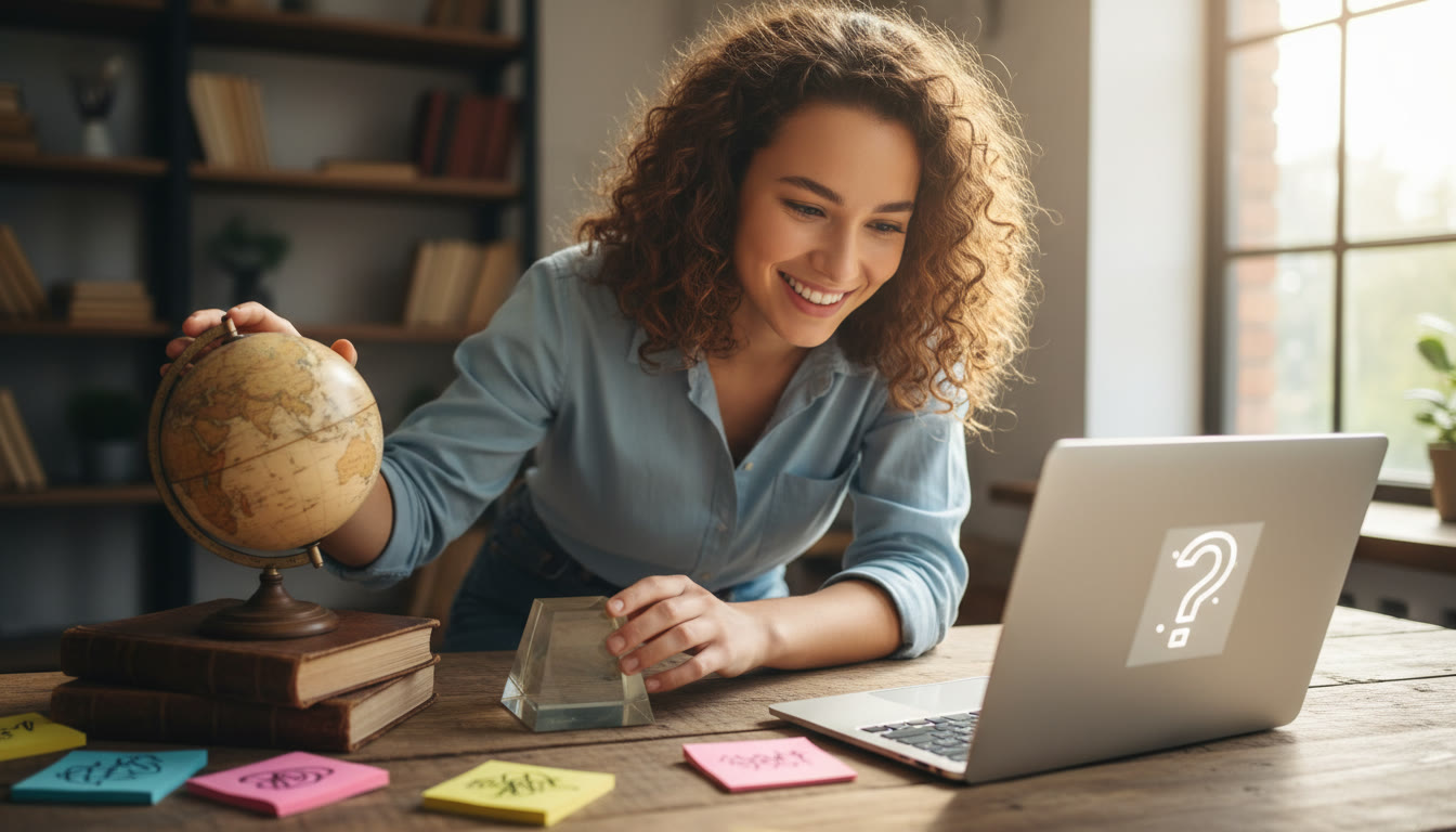 Photo Idea : A student arranging three curated objects on a wooden table with sticky notes and a laptop displaying a TOK prompt