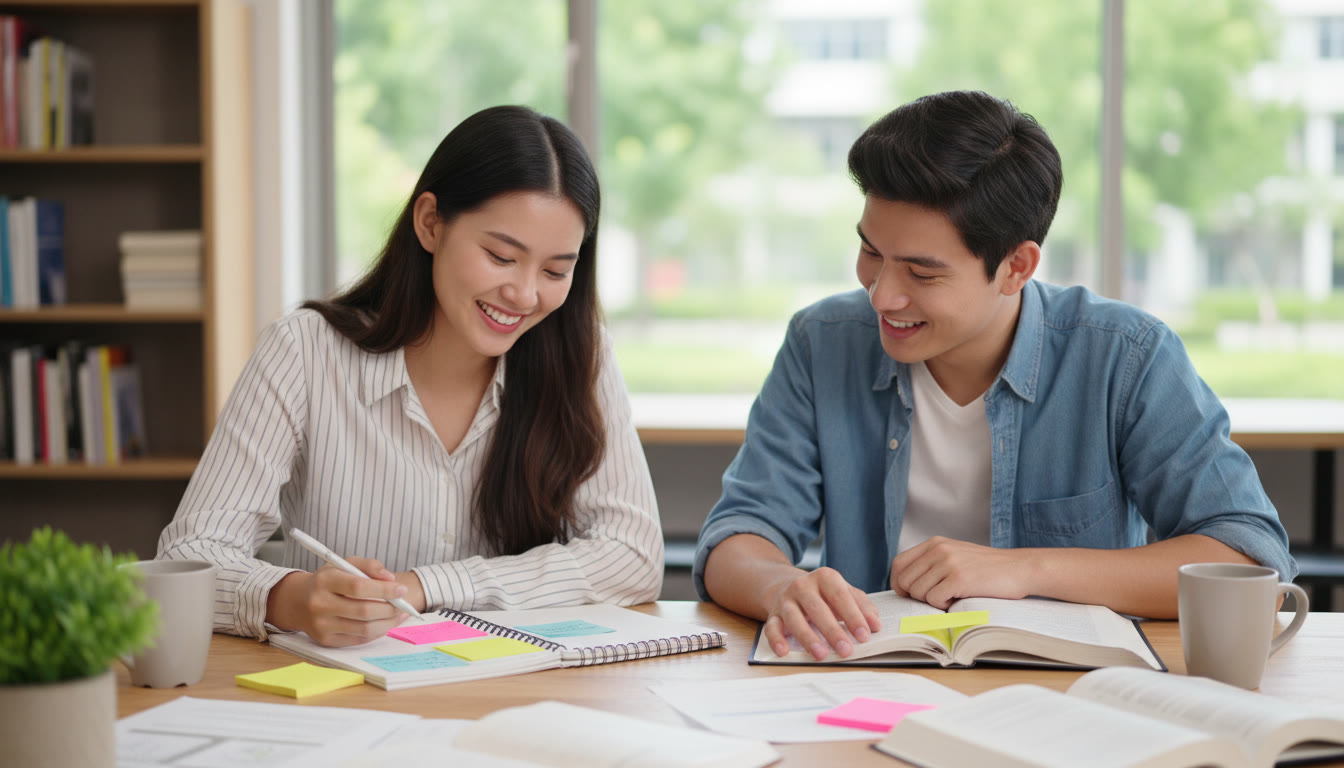 Photo Idea : Two students sitting across a table reviewing an IA draft together with highlighted pages and sticky notes