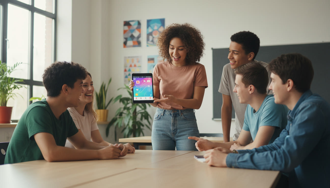 Photo Idea : Student presenting a small app prototype to classmates in a bright classroom