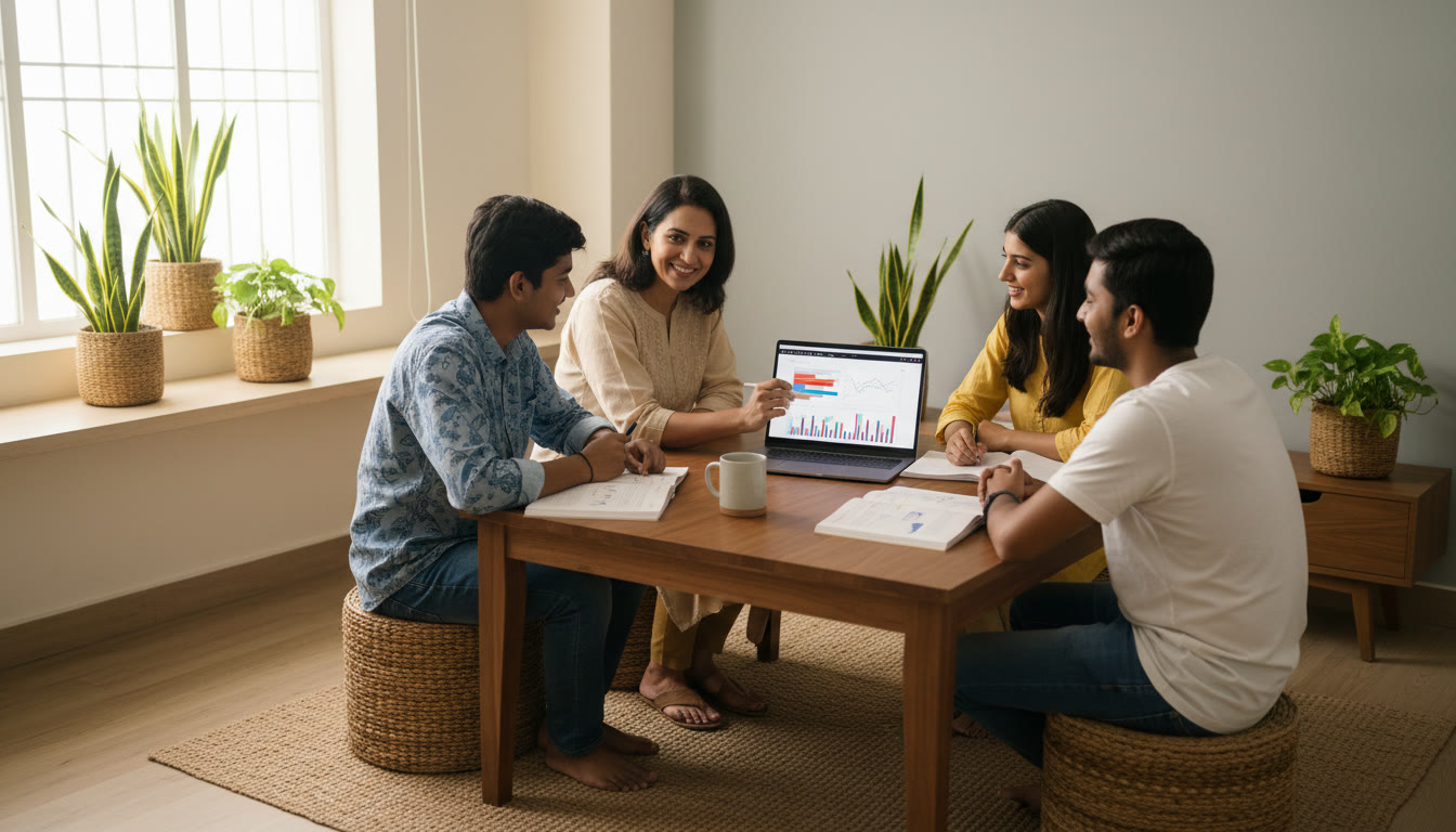 Photo Idea : Small group tutoring session with a tutor pointing at a mock-test analytics dashboard on a laptop