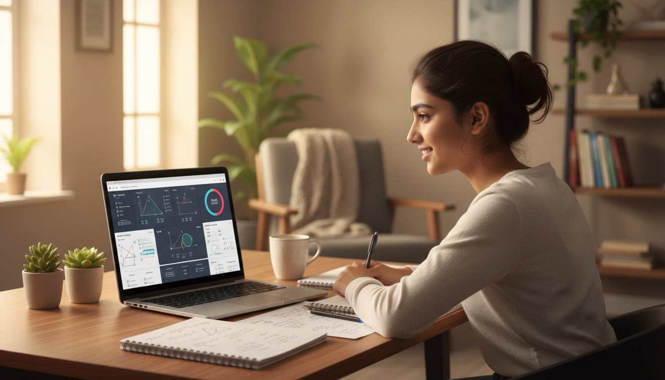 Photo Idea : A focused student at a desk, laptop showing a mock test interface, timer and annotated notes