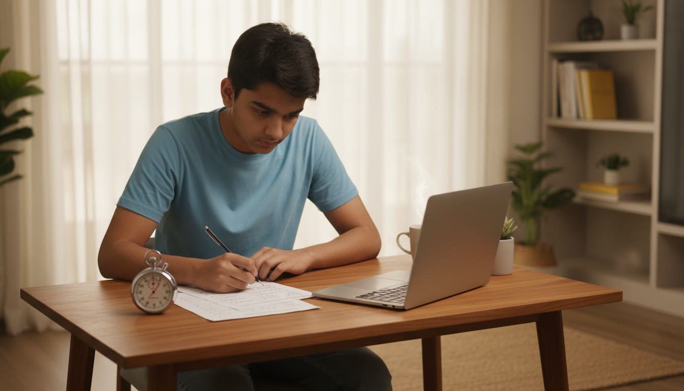 Photo Idea : Student taking a timed mock test at a desk with a stopwatch and answer sheet, focused expression