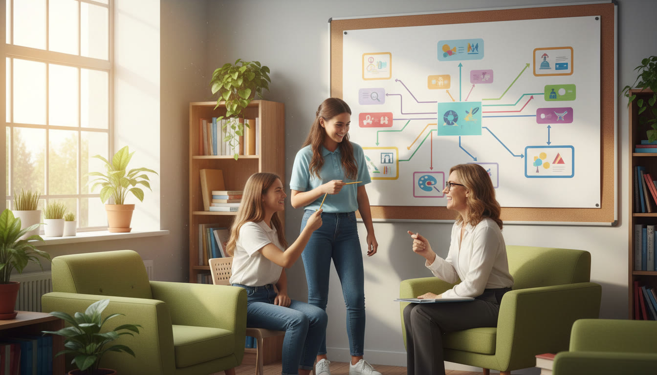 Photo Idea : Small group of students in a school counselling office reviewing a subject-versus-career chart together