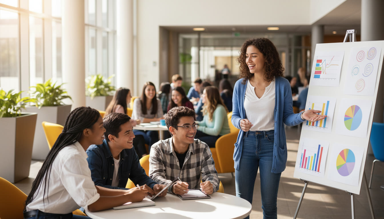 Photo Idea : A student presenting a project poster to peers in a school common area, with visual charts visible.