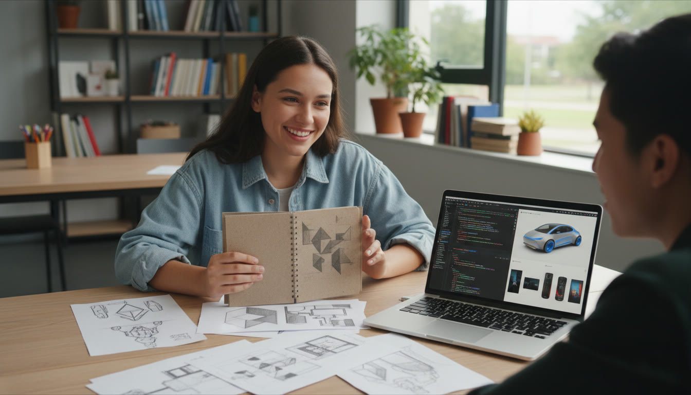 Photo Idea : A student presenting a small portfolio at a table, with sketches and a laptop displaying code and design renderings