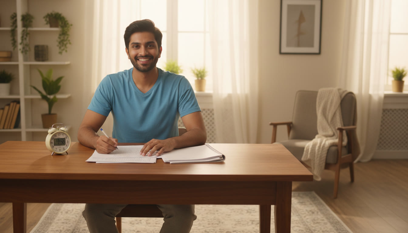 Photo Idea : A student taking a full-length mock exam with a stopwatch and answer sheet mimic