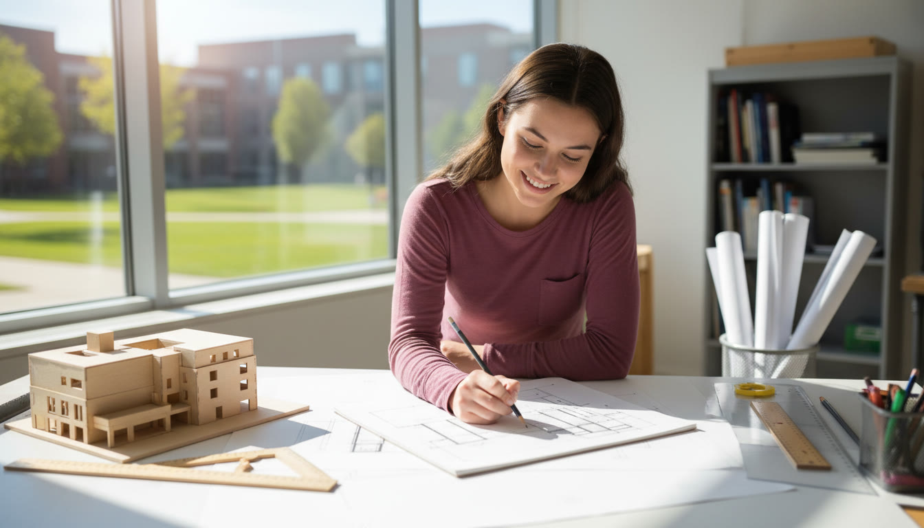 Photo Idea : An IB student sketching a building elevation beside a small wooden model on a drafting table.