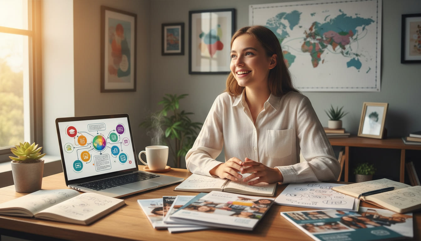 Photo Idea : A student at a desk surrounded by notebooks, a laptop with subject-choice notes, and university prospectuses