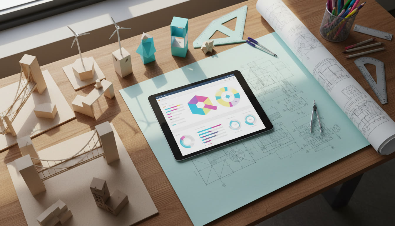 Photo Idea : overhead of a neat digital portfolio on a tablet next to physical models and a roll of tracing paper