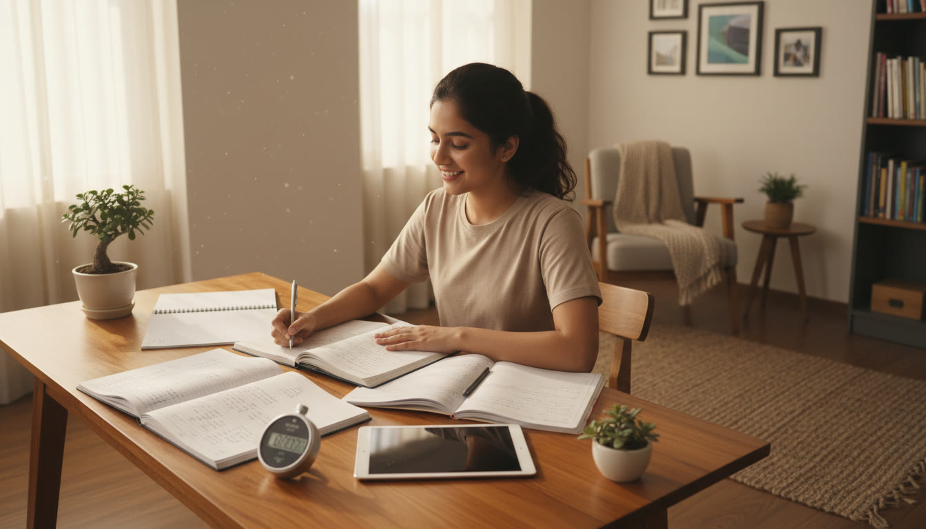 Photo Idea : Student at a tidy desk with open notebooks, a stopwatch, and concentrated expression