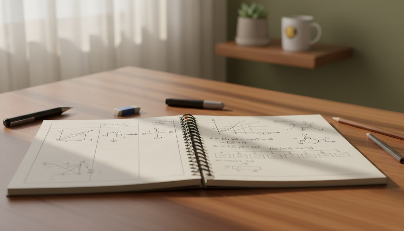 Photo Idea : Close-up of an open notebook showing an error diary with columns for question, mistake reason, and corrective action.