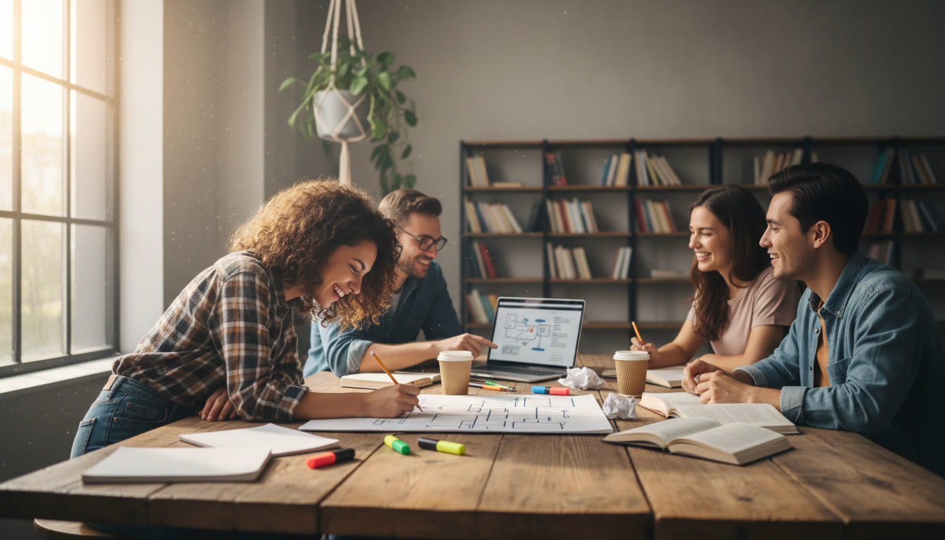 Photo Idea : A small group of students working around a table with notebooks and a laptop, one student sketching a plan