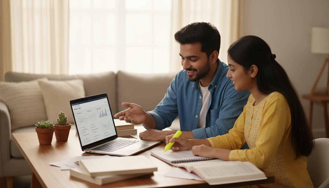 Photo Idea : Tutor and student reviewing a mock test on a laptop, notes and a highlighter visible