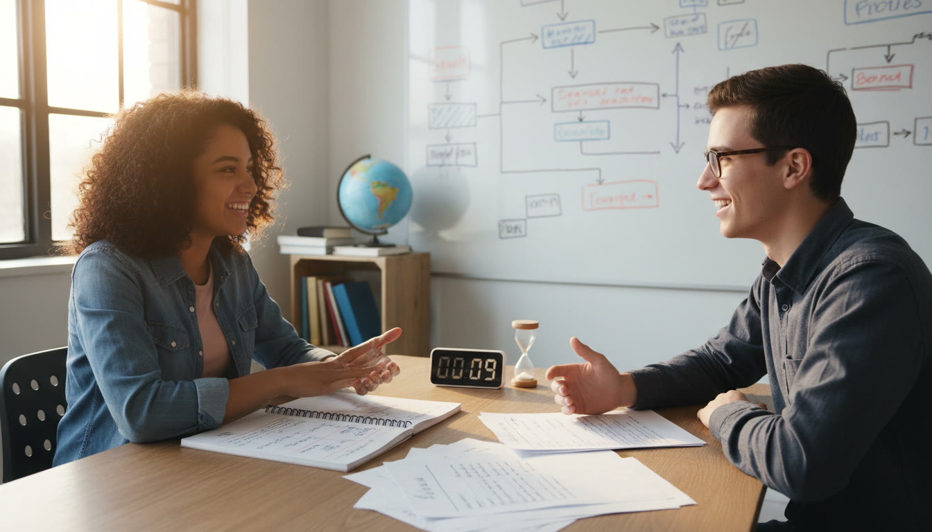 Photo Idea : Two students practicing a mock interview with notes and a timer on a table