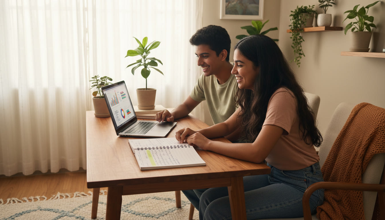 Photo Idea : Two students reviewing a full-length mock on a laptop screen, with a printed error log beside them