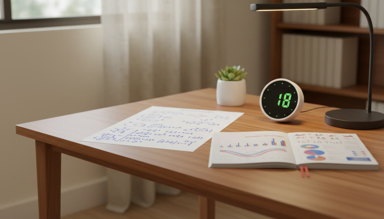 Photo Idea : A tidy study table showing a one-page formula sheet, a focused timer, and a neatly labeled error ledger
