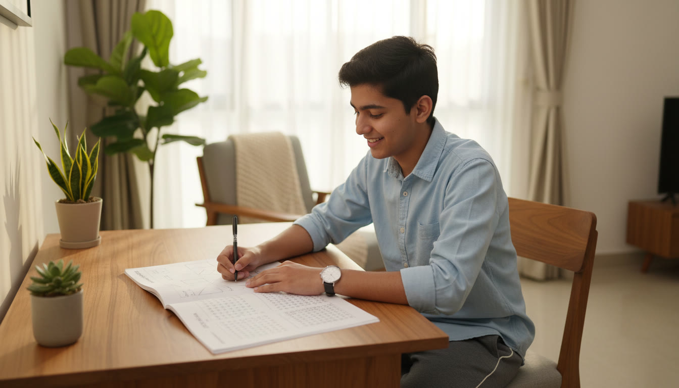 Photo Idea : student taking a full-length mock test at a table with an OMR sheet and a watch