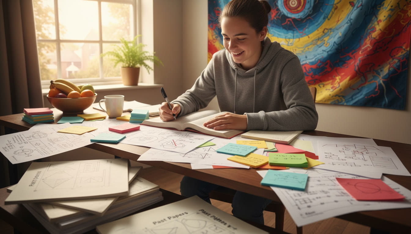 Photo Idea : A focused student sitting at a desk surrounded by color-coded notes and past papers
