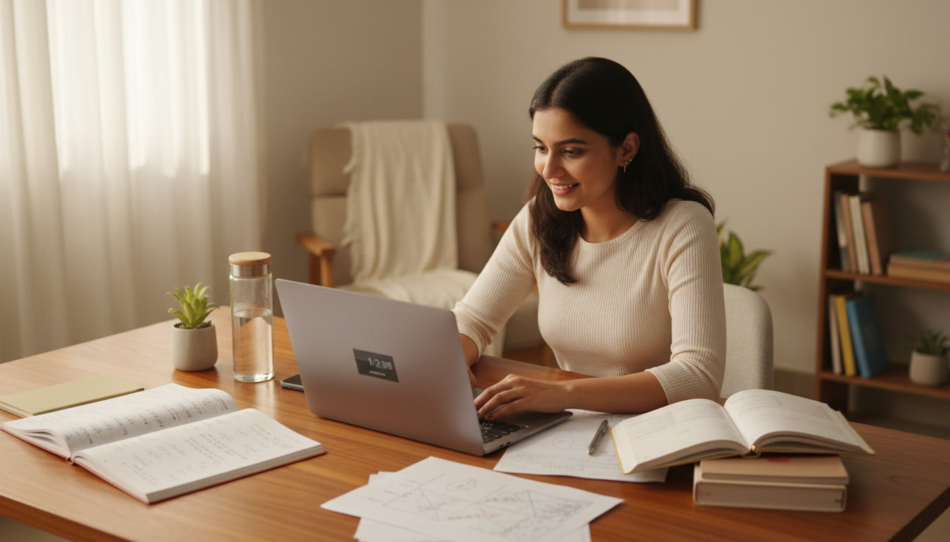 Photo Idea : Student at a tidy desk doing a timed full-length practice test on a laptop with scattered notes and a water bottle