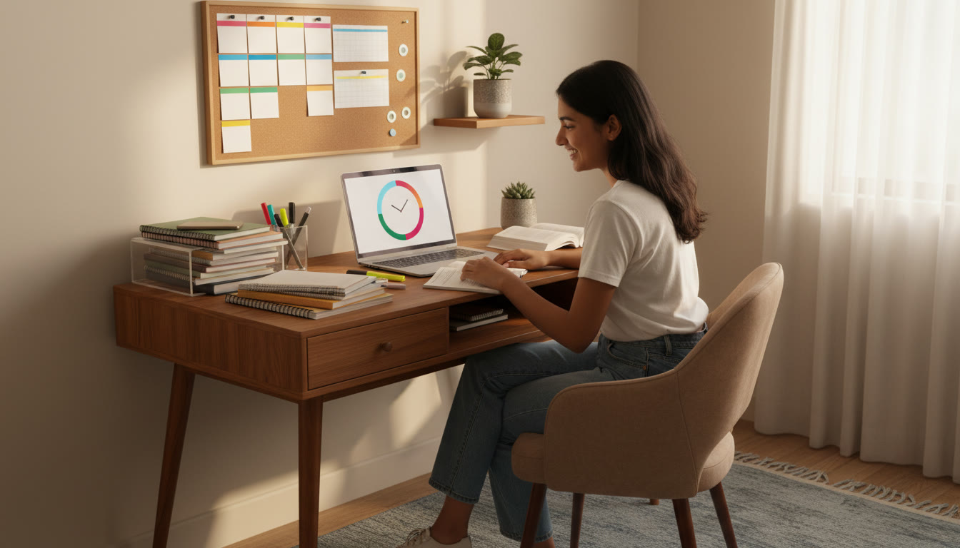 Photo Idea : Student at a tidy study desk with organized notes, a wall planner, and a laptop showing a mock test timer