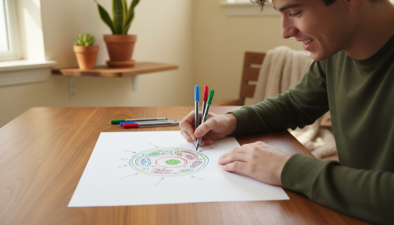 Photo Idea : A close-up of a student drawing a labelled biology diagram on a clean sheet with colored pens.