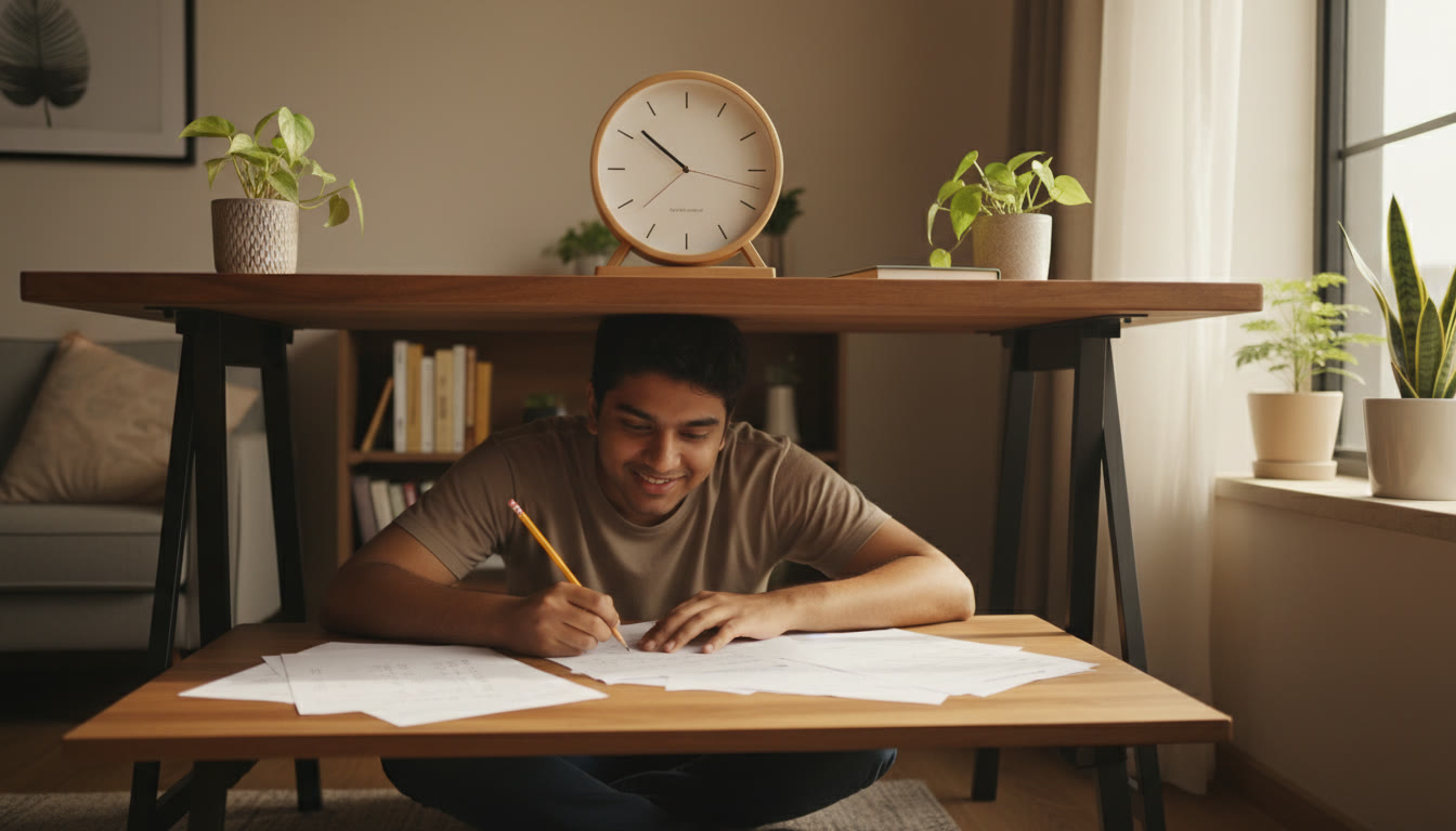 Photo Idea : A student doing a timed mock test under a desk clock with answer sheets and a pencil.