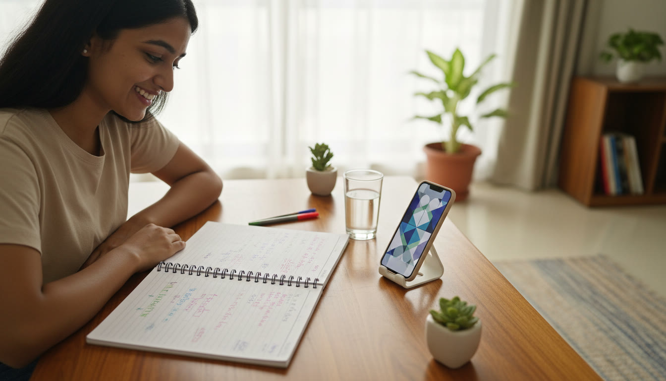 Photo Idea : Student at a tidy desk, timer running on a phone, notebook open with neat revision notes
