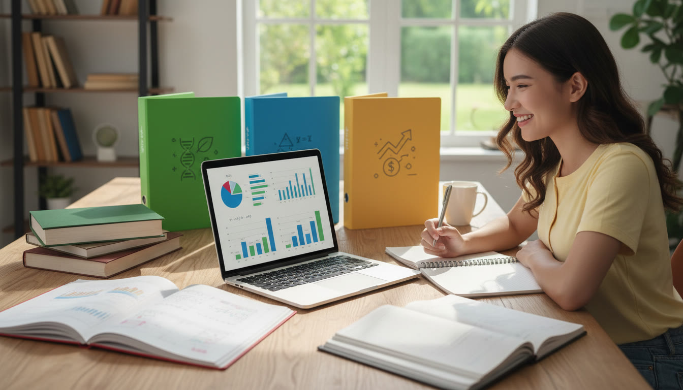 Photo Idea : student at a desk surrounded by notebooks, a laptop showing graphs, and colourful subject folders labeled Biology, Math, and Economics