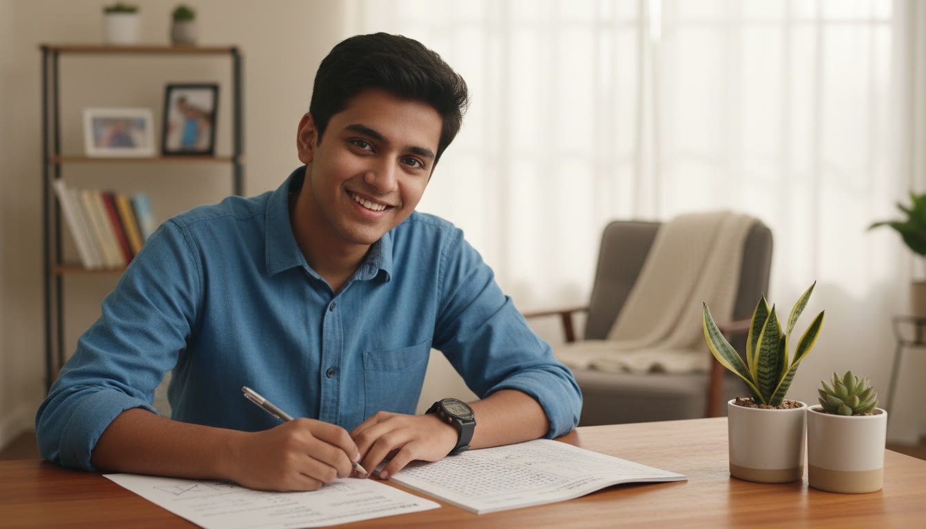 Photo Idea : A student taking a timed mock test with a wristwatch and OMR answer sheet on the desk