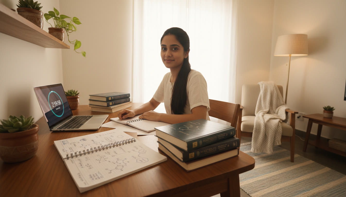 Photo Idea : A focused student at a tidy desk surrounded by ISC textbooks and NEET notes, a laptop timer set for three hours.